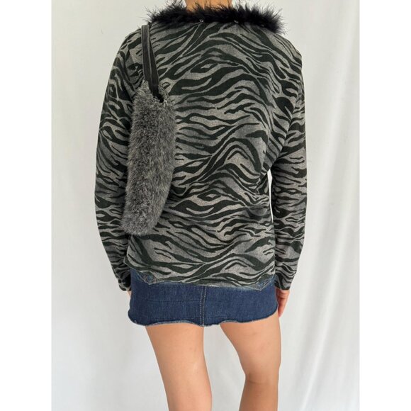 90s vintage grey animal print funky unique feather trim long sleeved blouse top - Picture 5 of 9